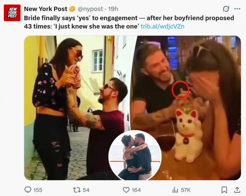 七年43次求婚終於成功,英國男子感動女友步入婚姻殿堂。(圖/翻攝自X)