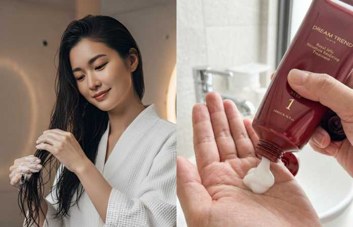 洗髮後先均勻塗抹第一劑,無需沖洗直接疊加第二劑,搭配輕拍或扭轉髮絲幫助吸收,停留5–10分鐘後沖洗;亦可利用浴室蒸氣加乘修護效果。(圖/品牌提供)