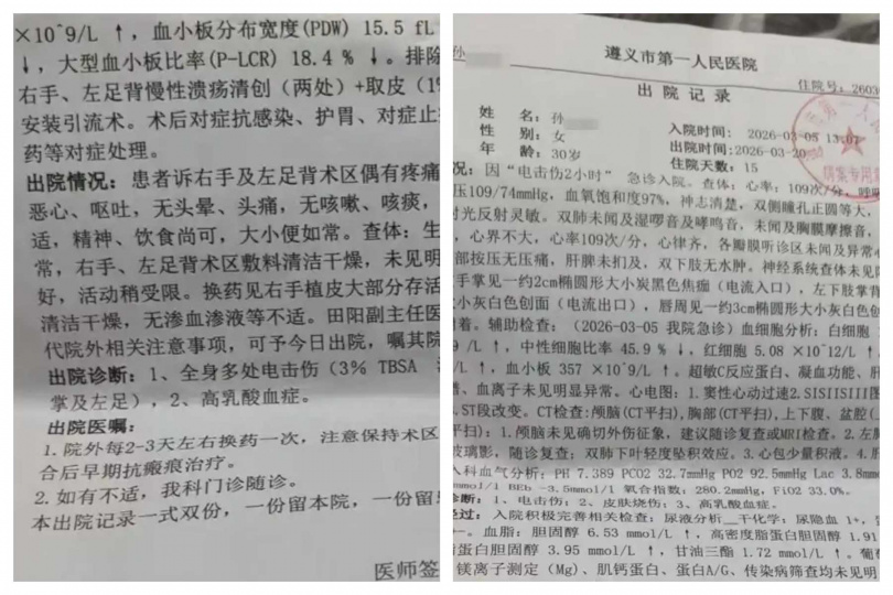 孫姓女子遭電擊後嘴巴、舌頭及手腳多處受傷，住院半個月後出院，目前仍需持續換藥治療。