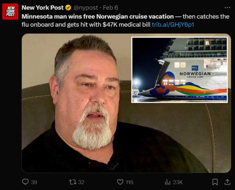 美國男子搭乘遊輪出遊染流感，沒想到收到天價醫療帳單。（圖／翻攝自X）