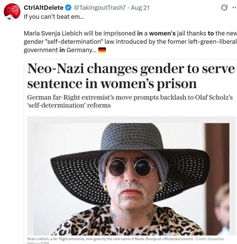 李比希曾活躍於極右翼團體「血與榮耀」，並因煽動仇恨與誹謗罪遭判刑。（圖／翻攝自X，@TakingoutTrash7）