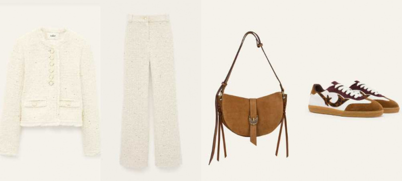 POLL毛鬚緄邊軟呢外套、PAMO直筒褲，拼接麂皮休閒鞋，麂皮馬鞍包。（圖／品牌提供）