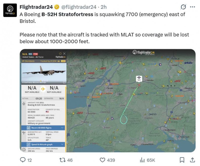 軍機航跡一度中斷，外界關注是否與機械異常有關。（圖／翻攝自X，@flightradar24）
