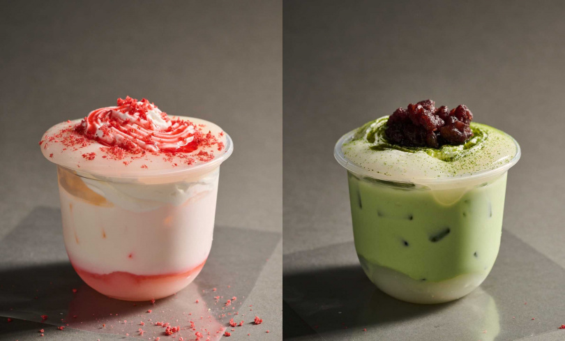 「草莓牛奶大福飲」（左）、「抹茶紅豆大福飲」。（各130元，圖／金田屋提供）