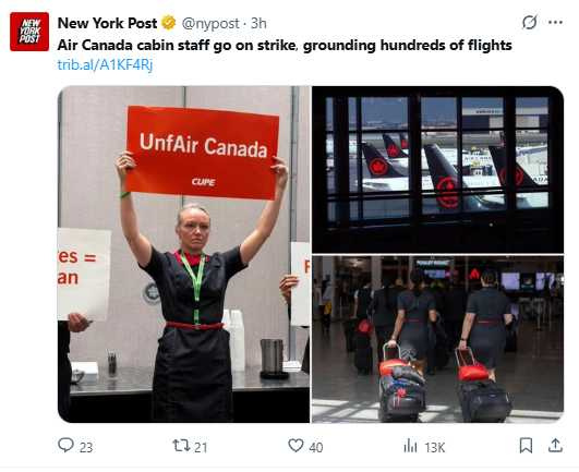 加拿大航空空服員自8月16日凌晨起全面罷工，場面引發關注。（圖／翻攝自X，@nypost）