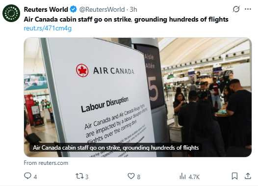 加拿大航空空服員自8月16日凌晨起全面罷工，場面引發關注。（圖／翻攝自X，@ReutersWorld）