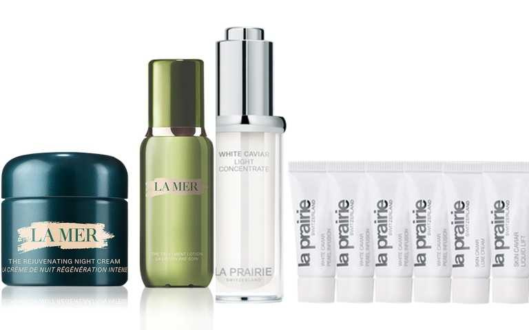 (左)復興館：全台獨家LA MER夜間雙修護組，價值20300元、優惠價14220元，再加贈SOGO電子商品券1400元(限量20組)、(右)敦化館：獨家LA PRAIRIE鑽白精萃獨家組，優惠價20425元(限量20組)(圖/業者提供)