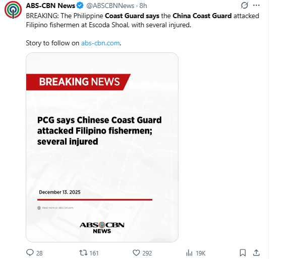 仙賓礁爭議海域再次爆發衝突,菲中關係持續緊張。(圖/翻攝自X,@ABSCBNNews)