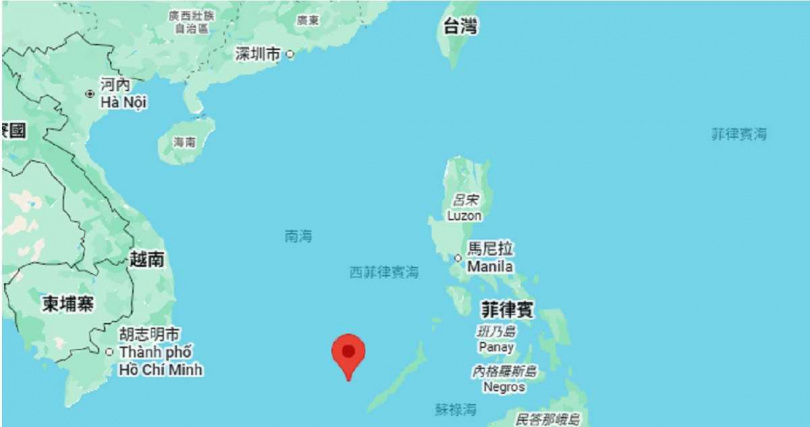 仙賓礁距離菲律賓巴拉望省西方約150公里,屬於南海主權爭議熱區之一。(圖/翻攝自Google Map)