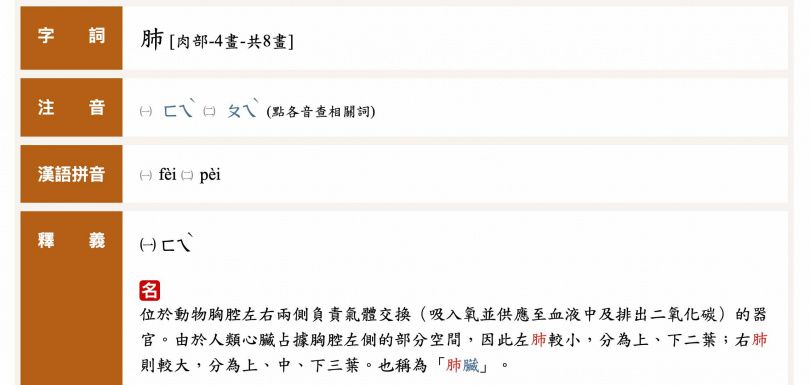 「肺」字。（圖／翻攝自教育部《重編國語辭典修訂本》）
