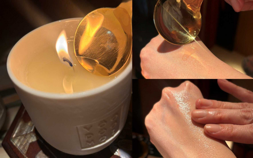 將融化後的溫潤精油輕輕塗抹於肌膚上，以香氛儀式力呵護身體的每個部位。（圖／吳雅鈴攝）