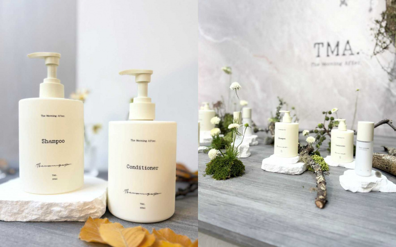 專為染燙受損髮質設計的THE MORNING AFTER荒杉木保濕修護系列，強調自然修護、不厚重不黏膩的使用感。（圖／吳雅鈴攝）
