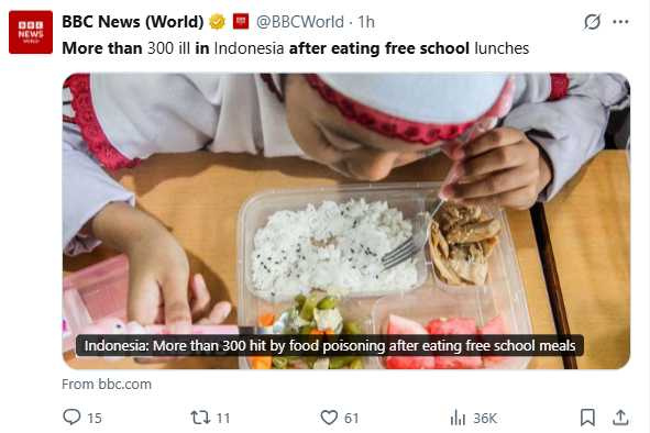 受害學生描述深夜出現腹痛、頭痛與腹瀉等症狀，懷疑與校餐有關。（圖／翻攝自X，@BBCWorld）