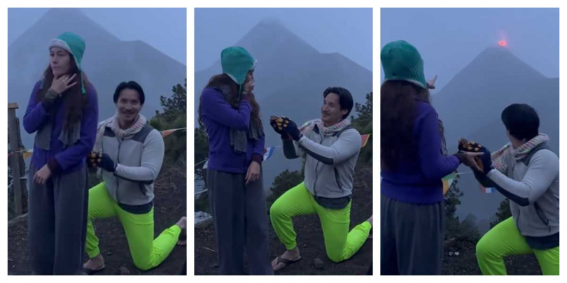 摩根驚喜答應求婚，兩人在壯麗火山景象前相擁，場面宛如奇幻電影。（圖／擷取自IG，missmorganalexa）