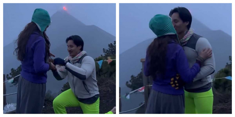富埃戈火山猛烈噴發，滾燙岩漿與煙霧映照夜空，成為這場浪漫求婚最獨特的見證。（圖／擷取自IG，missmorganalexa）