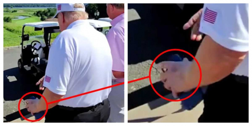 畫面可見川普右手塗抹粉底，疑似試圖遮掩手背瘀痕。（圖／擷取自IG，Roger Clemens）