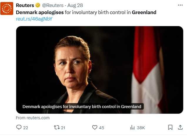 丹麥於1960至70年代為數千名格陵蘭女孩裝設子宮內避孕器，許多當事人當時年僅12歲。（圖／翻攝自X，@Reuters）