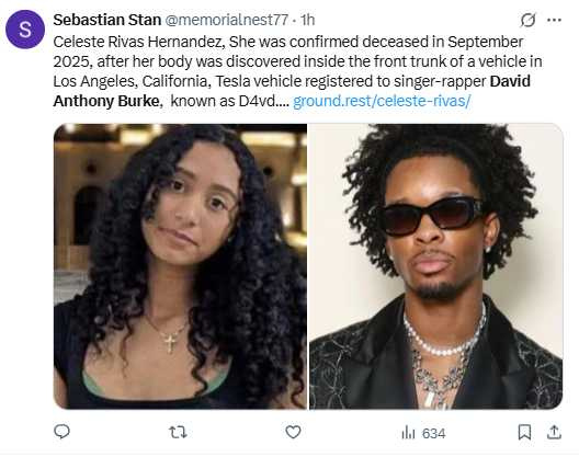 D4vd與死者有無直接關聯尚不明，警方表示他目前正配合調查中。（圖／翻攝自X， @memorialnest77 ）