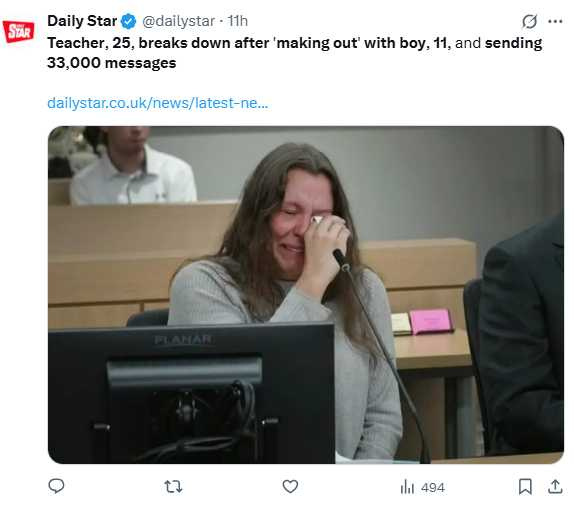 25歲前小學教師麥迪森‧柏格曼在出庭時數度落淚,承認與11歲學生不當互動罪行。(圖/翻攝自X,@dailystar)