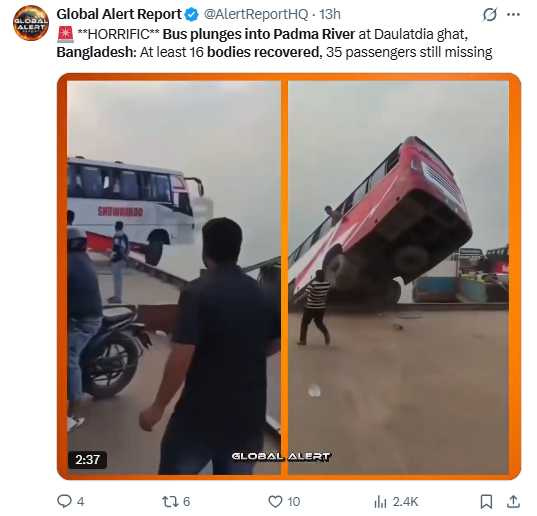 客運巴士在渡輪碼頭失控衝出船面,隨後墜入帕德瑪河。(圖/翻攝自X,@AlertReportHQ)
