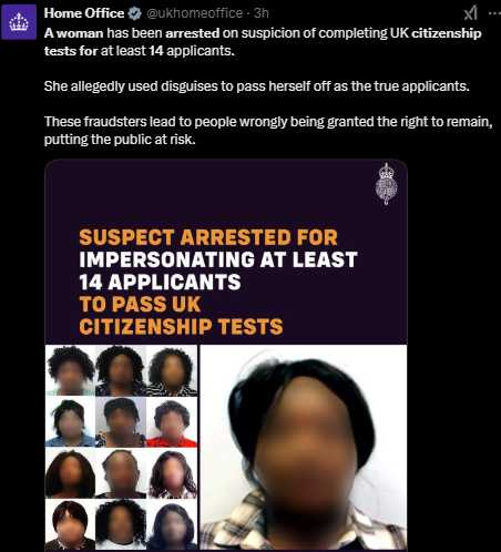 61歲的婦女涉嫌使用「假髮」和偽裝，冒充至少14人通過英國公民身份考試。（圖／翻攝自X）