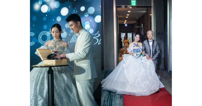 透過創意誓言「紅酒情書儀式」展現浪漫想像，約定五十年後再攜手揭開時光封印，見證愛情的深醇與恆久；金婚夫妻攜手走過半世紀，再次重溫彼此的承諾（圖／COZZI Blu和逸飯店．桃園館提供）。