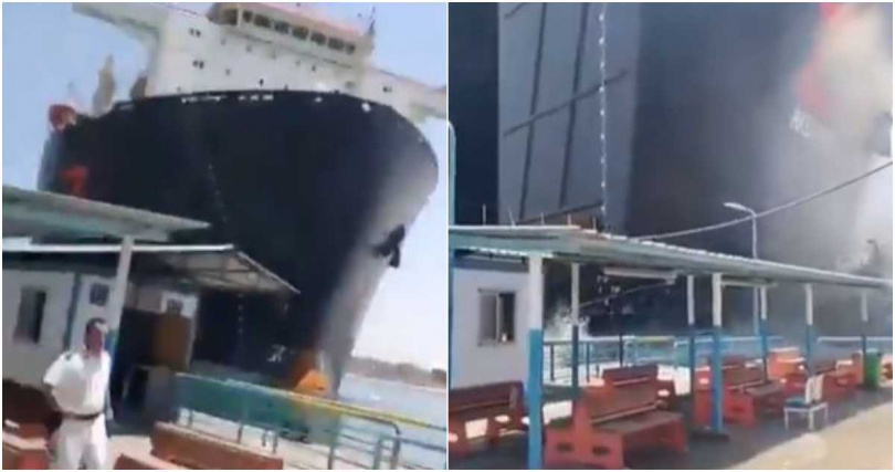 埃及蘇伊士運河發生一起意外事故，北非國家利比亞一艘大型貨輪本月20日行駛至當地時，突失控撞上港口，嚇得碼頭工人四處逃竄，所幸並未傳出傷亡。（圖／擷取自X）