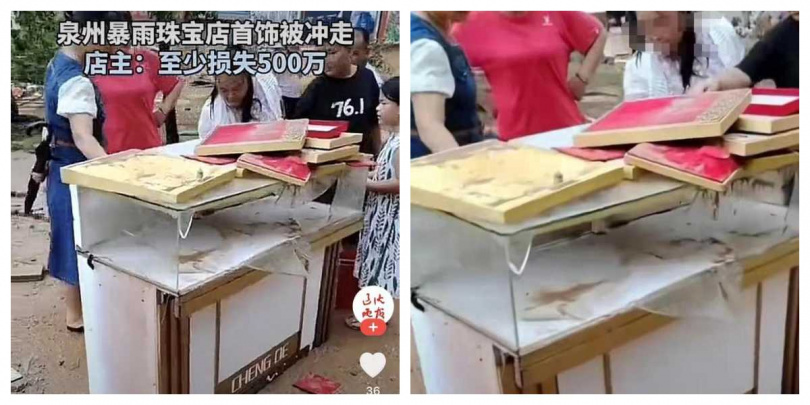 店員在淤泥中翻找遺失的金飾,目前僅尋回約1公斤首飾,保險櫃仍下落不明。