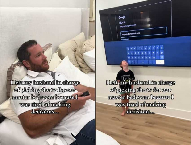 國外一名女網友請先生去買放在主臥室的電視，沒想到他竟扛回98吋智慧電視，讓她哭笑不得。（圖／翻攝自TikTok）