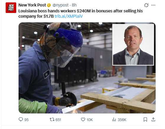 沃克（Graham Walker）出售Fibrebond後，堅持將交易收益的15％分配給員工，共540人受惠。（圖／翻攝自X，@nypost）