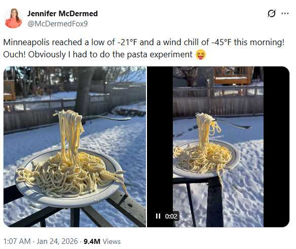 美國氣象主播在戶外攝氏零下29度環境中，展示一盤已完全凍結的義大利麵。（圖／翻攝自Ｘ，@McDermedFox9）