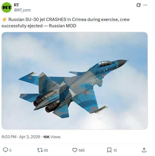蘇-30（Su-30）戰機於克里米亞發生事故，原因待查。（圖／翻攝自X，@RT_com）