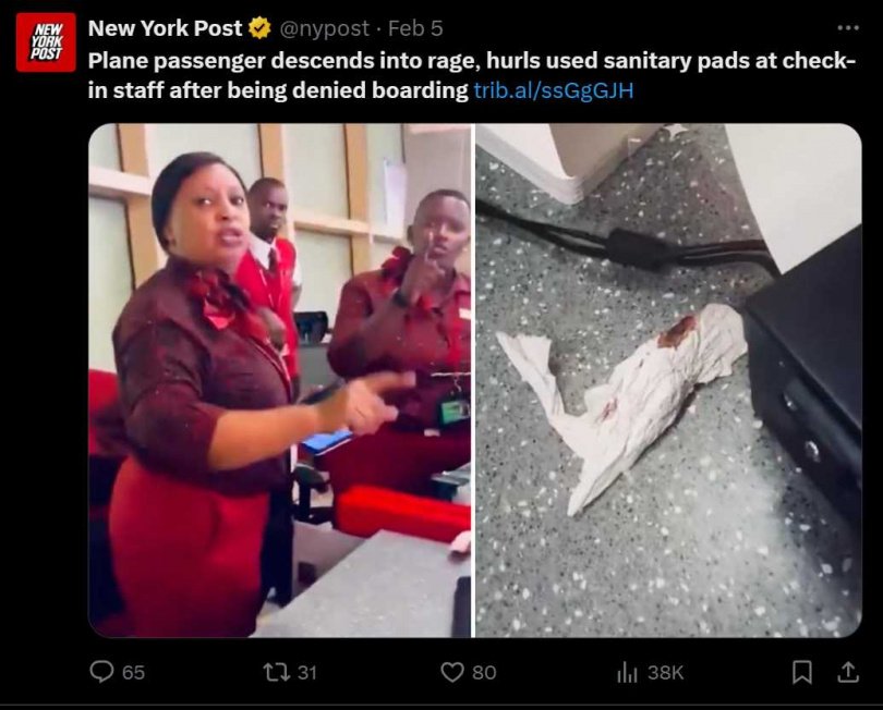 奈及利亞女子被拒絕登機後大鬧櫃檯，甚至朝地勤人員（右）丟沾血的衛生棉。（圖／翻攝自X）