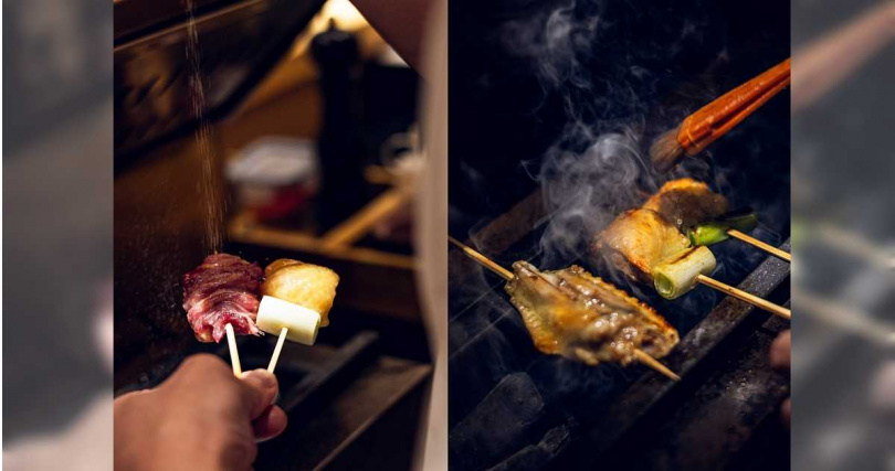 店內使用的鹽種橫跨海鹽、湖鹽、岩鹽(左),會根據不同食材部位搭配,燒烤過程也選用能保留食物鮮味與水分的備長炭。(圖/鳥力提供)