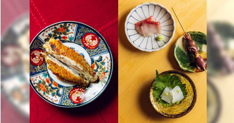 「雞翅(手羽先)」刻意保留膠質感,並添加山椒油提味(左),右為立春菜單推出的開胃小菜與海鮮佳餚。(圖/鳥力提供)
