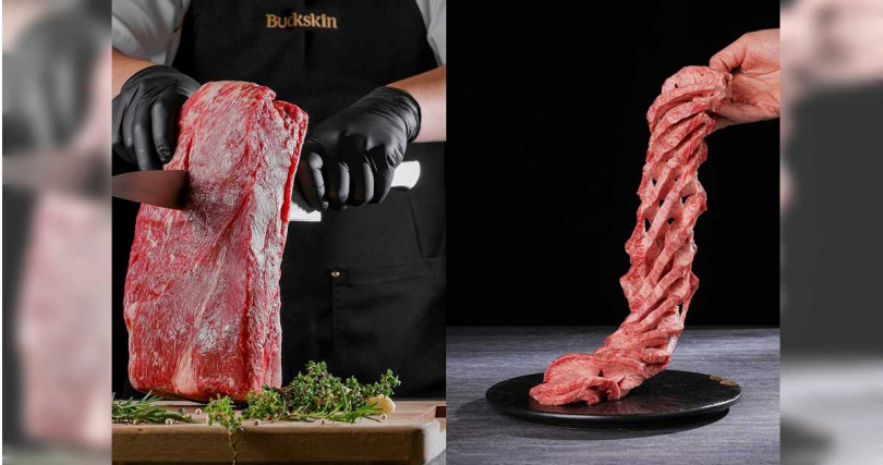 柏克金燒肉屋於桌邊現切的「美國帶骨牛小排」需提前3天預訂(左,3,200元/支),另限量供應「澳洲穀飼牛舌一本切」。(1,580元,圖/金車柏克金提供)