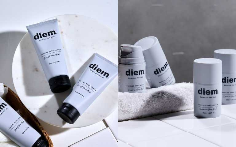 diem柔順修護髮膜180ml / 420元、diem強韌修護免洗護髮膜45ml / 680元（圖／品牌提供）