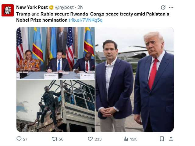 美國總統川普與國務卿魯比歐宣布成功促成盧安達與剛果簽署和平條約。（圖／翻攝自X）