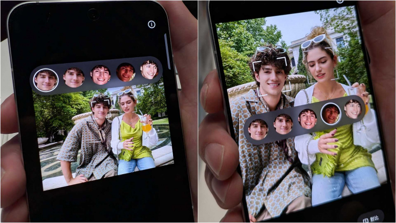 系統會預設各種表情來讓你選擇，就算是抿嘴照，也可以幫你變出露牙帥氣笑容照。（圖／廖梓翔攝）