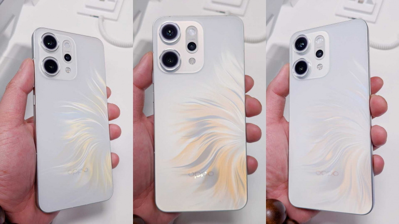 Reno14系列機身採用絢彩人魚美學設計，不同角度看有不同的美。（圖／廖梓翔攝）