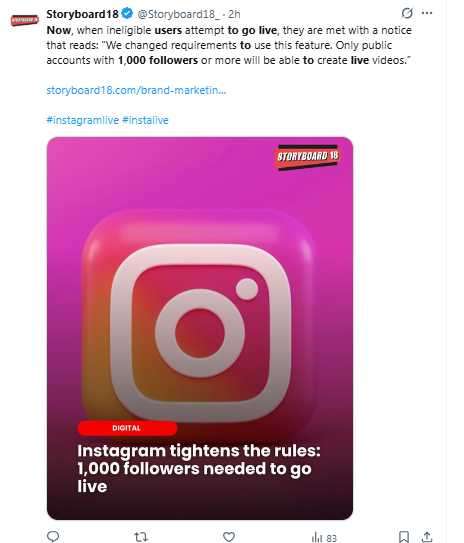與TikTok相同，Instagram現在也要求至少擁有1,000名粉絲才能直播，相較之下YouTube門檻僅為50名訂閱者。（圖／翻攝自X）