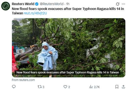 《路透社》（Reuters）報導花蓮光復鄉居民形容洪水「如海嘯般襲來」，許多人被迫爬上高處避難。（圖／翻攝自X， @ReutersWorld ）