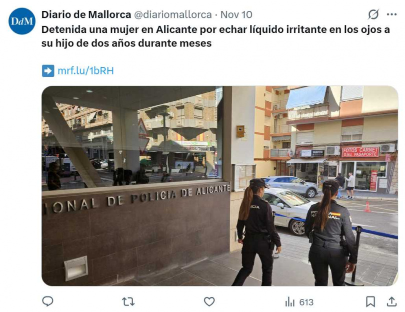 該名女子7歲長女為視障者，警方不排除兩起傷害事件可能存在關聯性。（圖／翻攝自X，@diariomallorca）