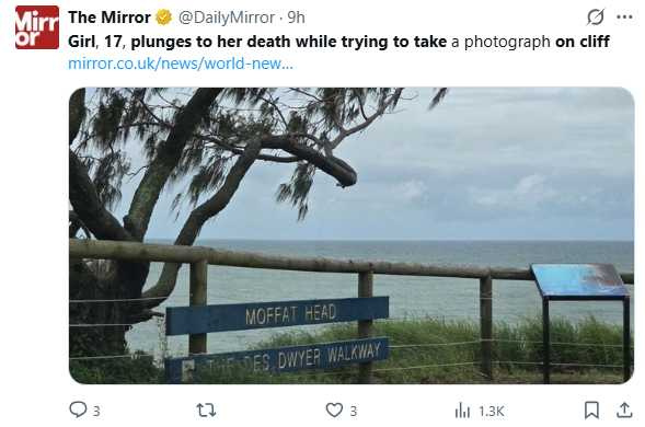 事發地點位於莫法特海灘皇后殖民地大道一處觀景點,為當地知名旅遊景點。(圖/翻攝自X,@DailyMirror)