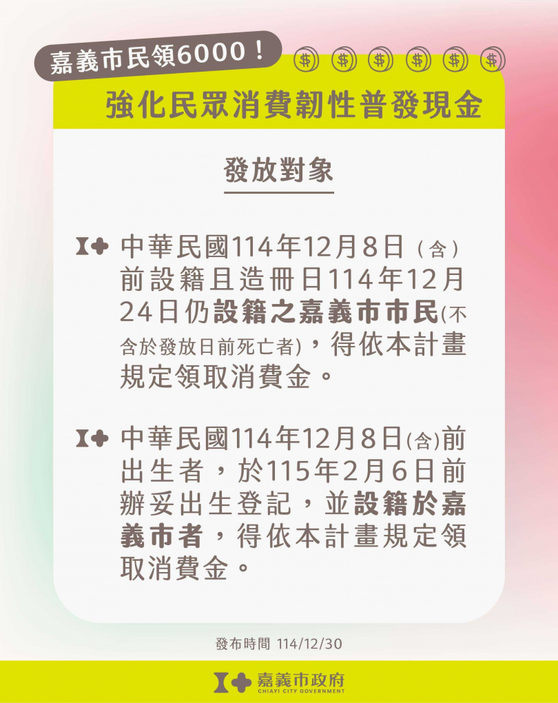 嘉義市政府推動「振興經濟加碼計畫」,運用歲計賸餘,加碼普發每位市民現金6,000元。(圖/嘉義市政府提供)