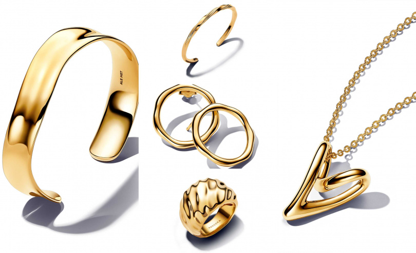 自然流線寬版開圈手環/10,580元,自然流沙旋紋開圈手環/6,680元,自然波紋圓圈耳環/4,080元,自然波紋寬版戒指/4,680元,自然流線心形項鏈/5,880元(圖/品牌提供)