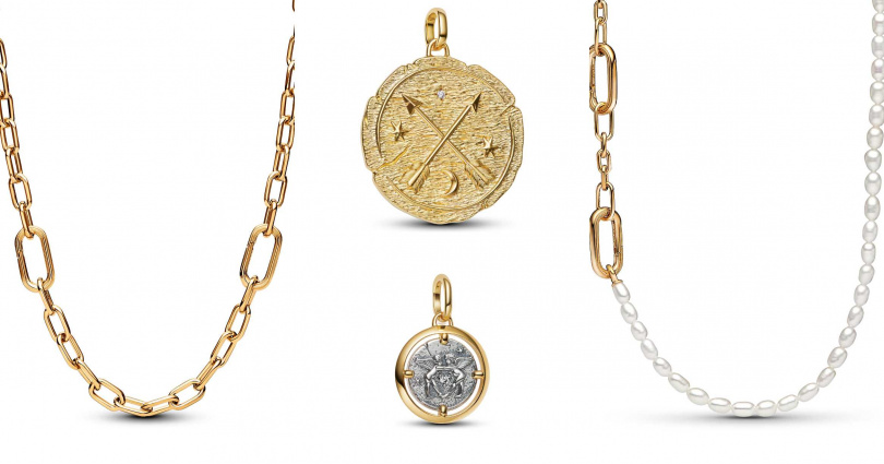 Pandora ME 鎖鏈圈項鏈/8,280元,命運之箭特大勳章吊飾/4,080元,邱比特勳章吊飾/2,280元,Pandora ME 人工淡水養殖珍珠細項鏈/10,580元(圖/品牌提供)