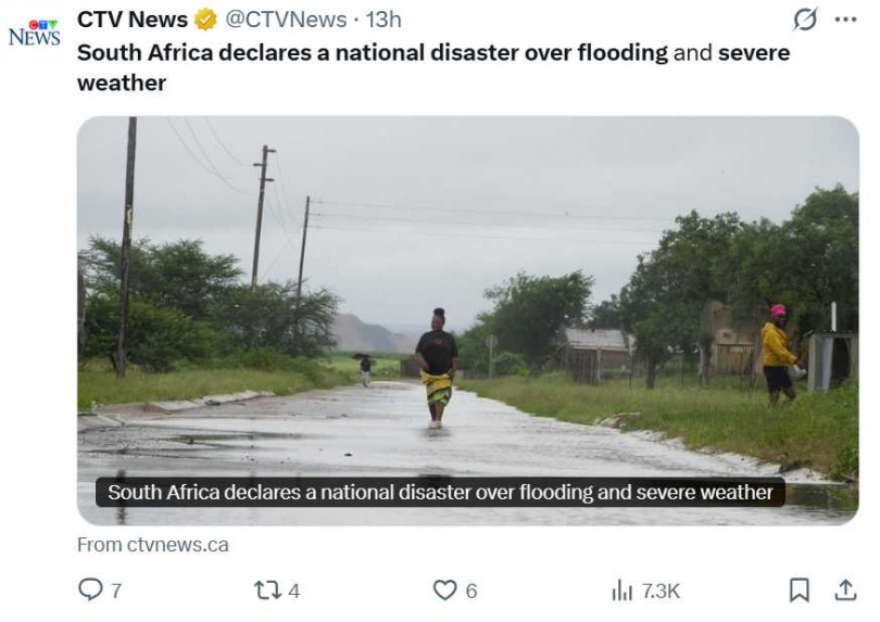 克魯格國家公園因洪水緊急關閉，數百名遊客與工作人員撤離至安全區域，目前預計逐步重開。（圖／翻攝自X，@CTVNews）