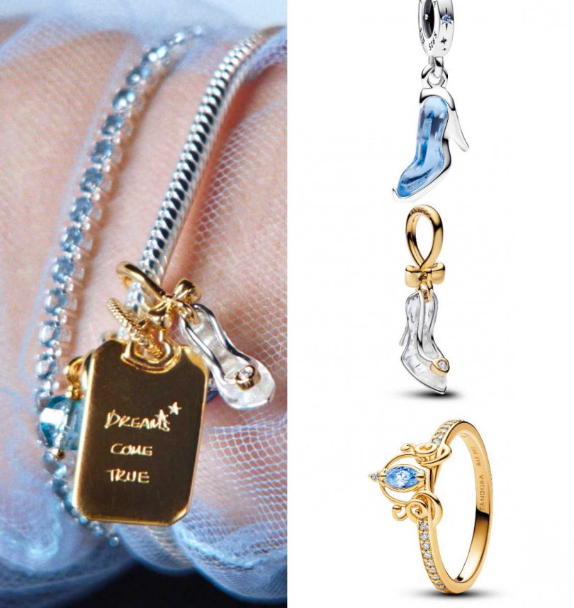 《仙履奇緣》灰姑娘水晶高跟鞋造型吊飾／6,480元、玻璃鞋造型吊飾／2,880元、南瓜馬車造型戒指／3,680元（圖／品牌提供）