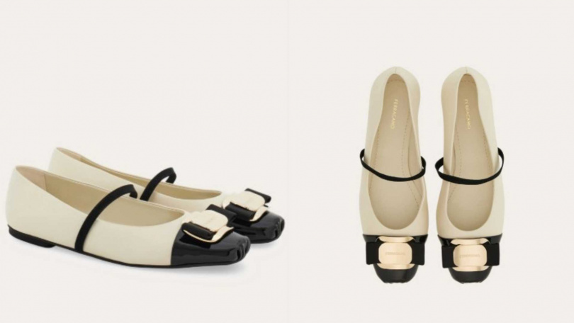 Ferragamo Vara Plate 雙色芭蕾平底鞋／價格店洽（圖／品牌提供）